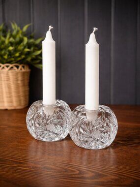 Vintage Pinwheel Crystal Candle Holder Set, Starburst Glass Taper Candlesticks